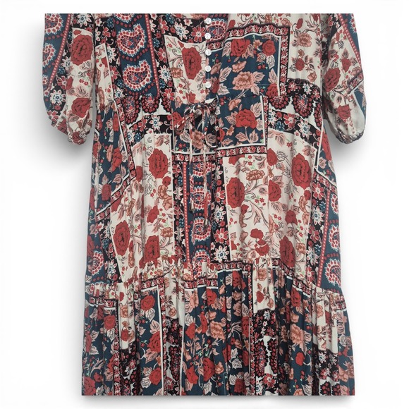 Boho Patchwork Floral Paisley Maxi Dress Vneck Tiered Puff Sleeve Red Navy Cream - Picture 7 of 12